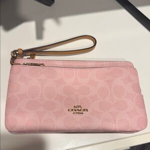Coach Pink Signature Double Zip Wristlet with Tan Strap